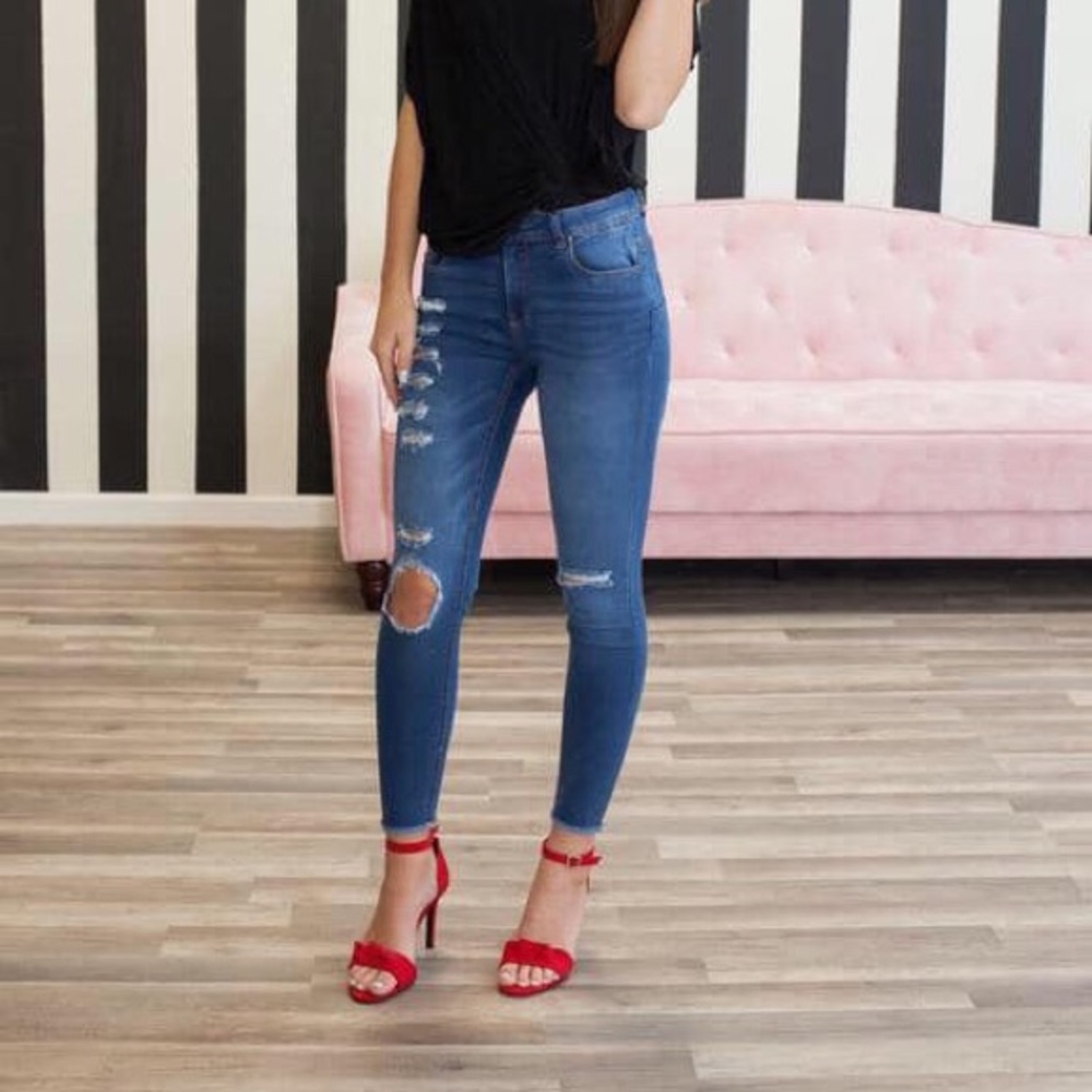 Destroyed Ripped Distressed Skinny Jeans Dark Wash
